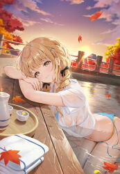 1girl absurdres autumn_leaves bikini black_ribbon blonde_hair blue_bikini braid breasts closed_mouth cloud cloudy_sky commentary dated_commentary evening falling_leaves fujita_kotone gakuen_idolmaster gradient_sky hair_ornament hair_ribbon hairclip highres houkisei idolmaster layered_bikini leaf lens_flare looking_at_viewer low_twin_braids maple_leaf medium_breasts navel orange_sky outdoors partially_submerged poolside ribbon scenery see-through_clothes see-through_shirt shirt short_sleeves sky smile solo sunlight sunset swimsuit towel twin_braids wet wet_clothes wet_shirt white_shirt wooden_tray yellow_bikini yellow_eyes