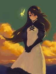 Rule 34 | 2girls, agnes oblige, black eyes, black gloves, black hairband, bravely default: flying fairy, bravely default (series), closed mouth, cloud, cloudy sky, day, dress, fairy, fairy wings, feet out of frame, gem, gloves, glowing, green sky, hairband, kyamerontaisa, long hair, multiple girls, outdoors, own hands together, painterly, puffy sleeves, sky, sparkle, standing, white dress, wings