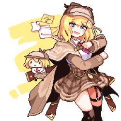 Rule 34 | 1girl, black thighhighs, blonde hair, blue eyes, brown skirt, capelet, collared shirt, commentary, deerstalker, english commentary, hair ornament, hat, high-waist skirt, highres, hololive, hololive english, jeong (leejeong me), neckerchief, open mouth, pixel art, plaid, plaid skirt, red neckerchief, shirt, skirt, smile, smol ame, solo, syringe holster, thigh strap, thighhighs, virtual youtuber, watson amelia, white shirt