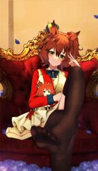 Rule 34 | 1girl, absurdres, animal ears, aston machan (umamusume), black bow, black pantyhose, blush, bow, breasts, brown hair, buttons, character doll, commentary request, couch, crossed legs, crown, double-breasted, ear ornament, feet, foot focus, green eyes, hair between eyes, highres, horse ears, horse girl, horse tail, jacket, large breasts, medium hair, miraclemeteor, no shoes, on chair, on couch, pantyhose, red jacket, sitting, smile, soles, solo, tail, tilted headwear, toes, umamusume