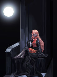 Rule 34 | 1girl, absurdres, ahoge, belt, black belt, black dress, black sky, breasts, chinese clothes, closed mouth, colored skin, commentary request, dress, floor, grey pantyhose, grey skin, hair between eyes, highres, junko (touhou), light, long hair, long sleeves, looking at viewer, looking to the side, medium breasts, moonlight, night, night sky, no headwear, no shoes, orange hair, pantyhose, red eyes, reki (user rcrd4534), shadow, sitting, sky, smile, solo, tabard, throne, touhou, wall, wide sleeves