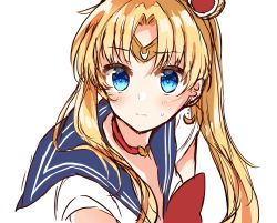 Rule 34 | 1girl, bishoujo senshi sailor moon, blonde hair, blue eyes, blue sailor collar, bow, bowtie, breasts, choker, circlet, cleavage, closed mouth, commentary, commentary request, crescent, crescent earrings, derivative work, earrings, english commentary, from side, hair ornament, hair over shoulder, heart, heart choker, highres, jewelry, long hair, meme, parted bangs, parted lips, red bow, red bowtie, red choker, sailor collar, sailor moon, sailor moon redraw challenge (meme), sailor senshi uniform, school uniform, screenshot redraw, serafuku, simple background, solo, sweatdrop, tsukino usagi, twintails, upper body, white background, yuno (suke yuno)