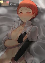 Rule 34 | 1girl, black gloves, blush, breasts, cleavage, closed mouth, collared shirt, commentary request, fire emblem, fire emblem: three houses, gloves, high collar, implied masturbation, large breasts, leonie pinelli, lying, nintendo, nose blush, on back, partially fingerless gloves, red eyes, red hair, see-through, shin (new), shirt, short hair, solo, sweat, white shirt
