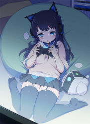 Rule 34 | 1girl, :o, alice gear aegis, animal ear headphones, animal ears, black hair, black skirt, black thighhighs, blank speech bubble, blue eyes, blush, cat ear headphones, cellphone, commentary request, controller, cushion, dualshock, fake animal ears, game controller, gamepad, garter straps, headphones, highres, holding, indoors, koashi mutsumi, long hair, lying, miniskirt, on back, open mouth, phone, playing games, playstation controller, pleated skirt, screen light, skirt, sleeves pushed up, solo, speech bubble, stroma, sweater, thighhighs, zettai ryouiki
