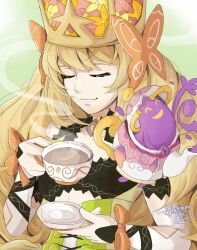 Rule 34 | 1girl, artist name, blonde hair, bow, butterfly hair ornament, celine (fire emblem), closed eyes, closed mouth, creatures (company), crossover, crown, cup, dress, eyelashes, fire emblem, fire emblem engage, flower, game freak, gen 8 pokemon, hair flower, hair ornament, highres, holding, holding cup, long hair, nintendo, orange bow, platinum ami, pokemon, pokemon (creature), polteageist, tea, teacup, upper body, very long hair, wrist bow