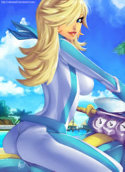 Rule 34 | 1girl, 2014, absurdres, arched back, ass, back, biker clothes, biker rosalina, bikesuit, blonde hair, blue eyes, blue sky, bodysuit, breasts, cloud, cloudy sky, dated, day, driving, earrings, from side, gloves, hair over one eye, highres, jewelry, lips, long hair, looking at viewer, mario (series), mario kart, mario kart wii, motor vehicle, motorcycle, nintendo, official alternate costume, outdoors, palm tree, parted lips, racing suit, rosalina, signature, skin tight, sky, smile, solo, star (symbol), super mario galaxy, topsu, tree, water, watermark, web address