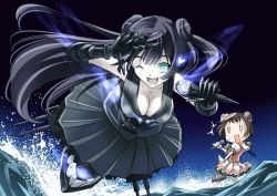 Rule 34 | 0 0, 10s, 2girls, ;d, abyssal ship, aqua eyes, black hair, black skirt, blue eyes, breasts, brown hair, cleavage, collarbone, double bun, foam, gauntlets, gothic lolita, heart, holding, kantai collection, large breasts, light cruiser oni, lolita fashion, long hair, looking at viewer, microphone, multiple girls, naka (kancolle), one eye closed, open mouth, school uniform, serafuku, short hair, skirt, smile, sogabe toshinori, solid oval eyes, ^^^, sweatdrop, turret, twintails, v, very long hair, water