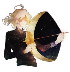 Rule 34 | 1boy, ahoge, arrow (projectile), black sweater, bow (weapon), chin, closed eyes, closed mouth, commentary, constellation, constellation print, crescent, drawing bow, english commentary, frown, holding, holding bow (weapon), holding wand, holding weapon, hoshi-pan, light blush, male focus, night, night sky, original, sagittarius (constellation), shooting star, short hair, sky, solo, star (sky), star (symbol), star wand, sweater, transparent background, turtleneck, turtleneck sweater, upper body, wand, wavy hair, weapon, white hair