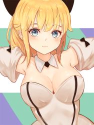 Rule 34 | 1girl, ahoge, artoria pendragon (all), artoria pendragon (fate), bare shoulders, blonde hair, blue eyes, blush, bow, breasts, cleavage, commentary, dress, fate (series), frown, hair bow, hair ribbon, looking at viewer, medium breasts, moth1, ponytail, puffy short sleeves, puffy sleeves, ribbon, saber lily, short sleeves, solo, upper body