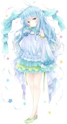 Rule 34 | 1girl, :o, absurdres, animal ears, bad id, bad pixiv id, bare shoulders, blue bow, blue eyes, blue hair, blush, bow, commentary, detached sleeves, dress, green footwear, hair between eyes, hair ornament, hand up, head tilt, highres, long hair, long sleeves, looking at viewer, original, parted lips, puffy long sleeves, puffy sleeves, rabbit ears, shoes, simple background, sleeveless, sleeveless dress, sleeves past fingers, sleeves past wrists, solo, standing, star (symbol), symbol-only commentary, tsukiyo (skymint), very long hair, white background, white dress, x hair ornament