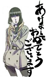 Rule 34 | 10s, 1girl, belt, black hair, blunt bangs, breath, buckle, buttons, chiyuki (death parade), coat, cowboy shot, death parade, fur trim, gloves, kurita shin&#039;ichi, kurokami no onna, lipstick, long hair, long sleeves, looking to the side, makeup, multicolored hair, pants, parted lips, plaid, purple eyes, scarf, simple background, sketch, solo, standing, two-tone hair, white background, white hair, winter clothes