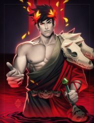 Rule 34 | 1boy, abs, ancient greek clothes, armlet, bara, black hair, blood, collarbone, glowing, greco-roman clothes, green eyes, hades (series), hades 1, heterochromia, holding, holding sword, holding weapon, large pectorals, laurel crown, male focus, medium hair, muscular, nipples, pale skin, pectorals, red eyes, single bare shoulder, skull, smile, solo, spiked hair, sword, weapon, xelgot, zagreus (hades)