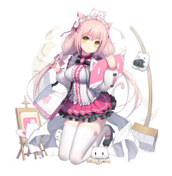 Rule 34 | 1girl, ahoge, animal, animal ear fluff, animal ears, bcy, black bow, black footwear, black skirt, blush, book, bookmark, bow, breasts, broom, camera, cat, cat ears, cat girl, cat tail, center frills, circle skirt, closed mouth, commentary, drawing tablet, easel, frills, full body, garter straps, hair between eyes, high heels, highres, holding, holding camera, holding drawing tablet, holding stylus, kneeling, large breasts, layered skirt, long hair, long sleeves, low twintails, open book, original, paper stack, pink hair, pink skirt, pleated skirt, puffy long sleeves, puffy sleeves, rorinya, shirt, shoes, simple background, skirt, smile, solo, stylus, tail, thighhighs, twintails, very long hair, white background, white shirt, white thighhighs, yellow eyes