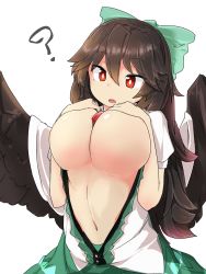 Rule 34 | 1girl, ?, between breasts, bow, breasts, breasts out, bright pupils, brown hair, cape, commentary request, green bow, green skirt, hair between eyes, hair bow, highres, large breasts, long hair, navel, no bra, open clothes, open shirt, red eyes, reiuji utsuho, shirt, simple background, skirt, solo, third eye, touhou, tyouseki, white background, white shirt