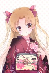 Rule 34 | 1girl, blonde hair, blush, bow, brown eyes, closed mouth, commentary request, ereshkigal (fate), fate/grand order, fate (series), floral print, forehead, hair bow, hand up, head tilt, japanese clothes, kimono, long hair, long sleeves, obi, parted bangs, polka dot, polka dot background, print kimono, red bow, red kimono, sash, smile, solo, suzume anko, two side up, white background, wide sleeves