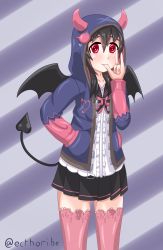 Rule 34 | 1girl, artist name, artist request, black hair, black skirt, black wings, blush, bow, breasts, collarbone, demon horns, ecthoribe, female focus, hair bow, heart, heart print, highres, hood, hood up, hooded jacket, horns, jacket, looking at viewer, love live!, love live! school idol festival, love live! school idol project, parted lips, pink legwear, pink neckwear, polka dot, polka dot shirt, purple jacket, red eyes, shirt, short hair, skirt, small breasts, smile, solo, striped, striped bow, tail, twintails, valou (ecthoribe), white shirt, wings, yazawa nico