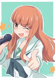 Rule 34 | 10s, 1girl, ;d, artist name, black neckerchief, blouse, blunt bangs, cbgb, fang, girls und panzer, green background, highres, holding, long hair, long sleeves, looking at viewer, microphone, neckerchief, one eye closed, ooarai school uniform, open mouth, orange eyes, orange hair, outline, outside border, school uniform, serafuku, shirt, signature, smile, solo, standing, star (symbol), starry background, takebe saori, upper body, white outline, white shirt