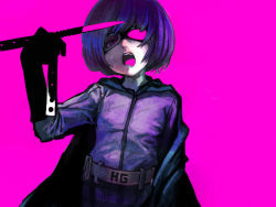 Rule 34 | 1girl, belt, bob cut, cape, gloves, highres, hit-girl, kick-ass, knife, looking at viewer, mask, open mouth, purple hair, ritsu (roboroboro), short hair, simple background, skirt, solo