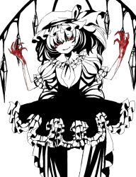 Rule 34 | 1girl, adapted costume, bad drawr id, bad id, blood, blood on hands, cowboy shot, drawr, dress, female focus, flandre scarlet, greyscale, hat, head tilt, mob cap, monochrome, oekaki, red eyes, rin k, simple background, solo, spot color, standing, touhou, white background, wings