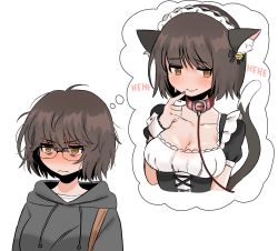 Rule 34 | 1girl, aki (snale), animal ears, black dress, blush, breasts, brown eyes, brown hair, cat ears, cat girl, cat tail, cleavage, closed mouth, collar, collarbone, drawstring, dress, embarrassed, frown, glasses, grey hoodie, hair between eyes, highres, hood, hood down, hoodie, imagining, large breasts, leash, maid, maid headdress, multiple views, original, pinafore dress, real life, shirt, short hair, simple background, sleeveless dress, smile, snale, sweat, tail, thought bubble, white background, white shirt, wrist cuffs