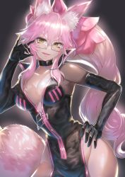 Rule 34 | 1girl, animal ear fluff, animal ears, black bodysuit, blush, bodysuit, bow, breasts, center opening, choker, cleavage, fate/grand order, fate (series), fox ears, fox girl, fox shadow puppet, fox tail, glasses, hair between eyes, hair bow, highres, hip vent, koyanskaya (assassin) (first ascension) (fate), koyanskaya (fate), large breasts, long hair, looking at viewer, open mouth, pink bow, pink hair, ponytail, sidelocks, smile, solo, tail, take tw01, tamamo (fate), yellow eyes
