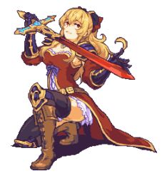 Rule 34 | 1girl, black gloves, blonde hair, brown footwear, dress, full body, glaceo, gloves, granblue fantasy, hair ribbon, holding, holding sword, holding weapon, kneeling, parted lips, pixel art, ponytail, red dress, red eyes, reverse grip, ribbon, shoulder guard, skirt, solo, sword, teeth, transparent background, vira (granblue fantasy), weapon, white skirt