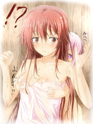 Rule 34 | 2girls, bare shoulders, blush, grabbing another&#039;s breast, breasts, brown eyes, cleavage, collarbone, fence, grabbing, hair between eyes, hands up, heart, heart-shaped pupils, height difference, highres, inu (mezonsidepark), long hair, looking back, multiple girls, nude, onsen, original, pink hair, purple eyes, red hair, surprised, symbol-shaped pupils, towel, very long hair, wet, wooden fence, yuri