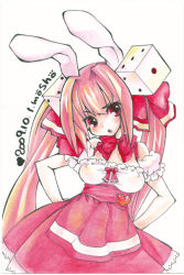 Rule 34 | 1girl, :o, animal ears, bare shoulders, bow, bowtie, breasts, rabbit ears, cleavage, colored pencil (medium), dated, di gi charat, dice, dress, covered erect nipples, frown, hair bow, hands on own hips, head tilt, heart, long hair, looking at viewer, mosho, pink hair, red eyes, signature, solo, traditional media, twintails, usada hikaru, very long hair