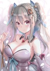 Rule 34 | 1girl, bare shoulders, blue bow, blush, bow, breasts, brooch, cleavage, closed mouth, collar, collarbone, commentary request, detached collar, detached sleeves, dress, frilled collar, frills, grey hair, hair between eyes, hair bow, hair ornament, hair ribbon, highres, jewelry, kachayori, large breasts, lips, long hair, long sleeves, looking at viewer, original, petals, purple bow, purple dress, red eyes, ribbon, sidelocks, smile, solo, strapless, strapless dress, tareme, twintails, upper body