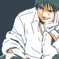 Rule 34 | 1boy, black eyes, black hair, blue background, close-up, elbows on knees, fullmetal alchemist, gloves, hand on own chin, looking away, lowres, male focus, mattsu, roy mustang, shaded face, shirt, short hair, simple background, sitting, smile, upper body, white gloves, white shirt