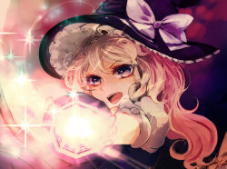 Rule 34 | 1girl, bad id, bad pixiv id, blonde hair, blue eyes, bow, braid, bura, face, female focus, hat, hat bow, kirisame marisa, long hair, mini-hakkero, open mouth, pink hair, purple eyes, solo, touhou, witch, witch hat