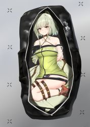 1girl, absurdres, arknights, arms behind back, bag, bangs, bare legs, bare shoulders, blush, bound, bound legs, brown footwear, calvaires, clenched teeth, dress, eyebrows visible through hair, green dress, green eyes, grey background, high heels, highres, in bag, in container, kal&#039;tsit (arknights), looking at viewer, microdress, off-shoulder dress, off shoulder, short hair, silver hair, solo, teeth, thighs, v-shaped eyebrows