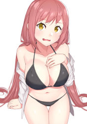 Rule 34 | 1girl, bikini, bikini under clothes, black bikini, blush, breasts, cleavage, commentary, dress shirt, frown, hand on own chest, head tilt, highres, large breasts, long hair, long sleeves, looking at viewer, low tied hair, navel, no pants, off shoulder, open clothes, open mouth, open shirt, original, pink hair, raitho, shirt, simple background, sitting, solo, string bikini, swimsuit, thigh gap, very long hair, white background, white shirt, yellow eyes