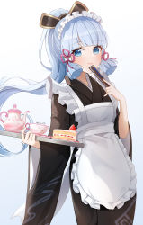 Rule 34 | 1girl, alternate costume, apron, ayaka (genshin impact), blue eyes, blunt bangs, blush, breasts, cake, commentary request, cup, enmaided, food, genshin impact, gya (144), hair ornament, hair ribbon, hand up, highres, holding, holding tray, long hair, looking at viewer, maid, maid apron, pink ribbon, ponytail, ribbon, sidelocks, smile, solo, strawberry shortcake, tray, wide sleeves