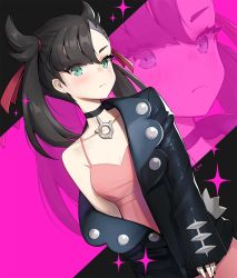 Rule 34 | 1girl, ankkoyom, aqua eyes, asymmetrical bangs, bad id, bad pixiv id, black choker, black hair, black jumpsuit, blush, breasts, choker, cleavage, collarbone, creatures (company), dress, dutch angle, game freak, hair ribbon, highres, jacket, jumpsuit, long hair, long sleeves, looking at viewer, marnie (pokemon), nail polish, nintendo, off shoulder, open clothes, open jacket, pink dress, pokemon, pokemon swsh, red ribbon, ribbon, single bare shoulder, sleeves past wrists, small breasts, solo, spaghetti strap, sparkle, sundress, upper body, zoom layer