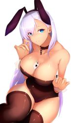 Rule 34 | 1girl, alternate costume, animal ears, aqua eyes, azur lane, belfast (azur lane), braid, breasts, brown thighhighs, card, chain, cleavage, collar, commentary request, fake animal ears, french braid, hair over one eye, highres, kameponde, large breasts, leotard, little bel (azur lane), long hair, playboy bunny, playing card, rabbit ears, smile, solo, strapless, strapless leotard, thighhighs, white background, white hair, wrist cuffs