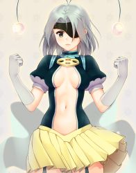 Rule 34 | .hack//, .hack//link, 1girl, antennae, bad id, bad pixiv id, breasts, cleavage, elbow gloves, eyepatch, gloves, green eyes, grey hair, highres, klarinette (.hack//), navel, open clothes, pleated skirt, short hair, skirt, solo, stomach, weyowang