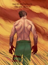 Rule 34 | 1boy, artemy burakh, back, back focus, back muscles, blood, blood on body, blood on clothes, blood on hands, brown hair, cowboy shot, field, highres, male focus, mature male, pants, pathologic, pathologic 2, refurdraws, russian text, short hair, solo