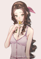 Rule 34 | 1girl, absurdres, aerith gainsborough, bolo tie, bow, breasts, brown hair, cleavage, eyelashes, final fantasy, final fantasy vii, final fantasy vii remake, flower, green eyes, hair bow, highres, long hair, looking at viewer, nana illust, simple background, smile, solo, upper body, very long hair, wavy hair