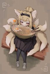 Rule 34 | 1girl, = =, absurdres, alternate costume, alternate hairstyle, animal ear fluff, animal ears, arknights, black hairband, black pantyhose, blonde hair, blush, bowl, chopsticks, commentary, dress, eating, egg (food), egg yolk, english commentary, food, fox ears, fox girl, fox tail, full body, hairband, heart, highres, holding, holding bowl, kitsune, kyuubi, lolita hairband, long hair, multicolored hair, multiple tails, noodles, pantyhose, pleated dress, ramen, shoes, sitting, sneakers, solo, suzuran (arknights), tail, togekk0, two-tone hair, white footwear, white hair