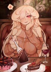 Rule 34 | 1girl, abyssal ship, breasts, cake, colored skin, drink, food, fork, french battleship princess, hair over one eye, highres, huge breasts, incoming food, jewelry, kantai collection, long hair, looking at viewer, pale skin, red eyes, ring, sleeveless, sleeveless turtleneck, solo, turtleneck, uni (oni unicorn), white hair