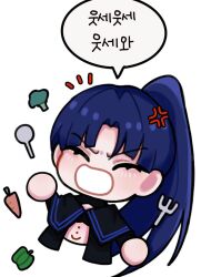 Rule 34 | 1girl, ^ ^, ado (utaite), anger vein, anon (an one 12), bell pepper, black sailor collar, black shirt, blue hair, blush, broccoli, carrot, chibi, closed eyes, cloud nine inc, commentary request, fork, highres, long hair, naima (ado), open clothes, open mouth, open shirt, parted bangs, pepper, ponytail, sailor collar, shirt, simple background, solo, speech bubble, spoon, stomach, usseewa, white background