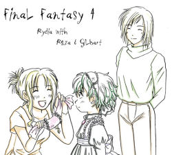 Rule 34 | 1990s (style), 1boy, 2girls, :d, ^ ^, aged down, arms behind back, belt, child, closed eyes, dress, edward chris von muir, final fantasy, final fantasy iv, frills, green hair, height difference, long sleeves, multiple girls, open mouth, pants, retro artstyle, rosa farrell, rydia (ff4), simple background, smile, sweater, upper body, white background