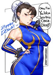 breasts brown_hair capcom chun-li clothes earrings english_text jewelry large_breasts rockarollahaze street_fighter sweat