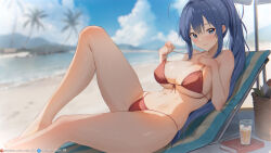 Rule 34 | 1girl, azur lane, basket, beach, beach chair, bikini, blue eyes, blue hair, blue sky, book, breasts, cloud, cup, dan-98, day, high ponytail, highres, large breasts, long hair, lying, navel, new jersey (azur lane), on back, outdoors, palm tree, pulling own clothes, red bikini, sky, solo, stomach, strap pull, swimsuit, tree
