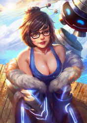 Rule 34 | 1girl, backlighting, black-framed eyewear, blue shirt, blue sky, breasts, brown eyes, brown hair, canister, cleavage, cloud, coat, collarbone, day, dock, fur trim, glasses, gloves, hair bun, hair ornament, hair stick, highres, large breasts, lens flare, lips, looking at another, mei (overwatch), nose, off shoulder, outdoors, overwatch, overwatch 1, parted lips, realistic, robot, shirt, short hair, single hair bun, sitting, sky, smile, snowball (overwatch), solo, tank top, teeth, v arms, water, x.four
