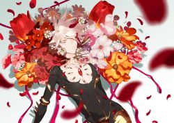 Rule 34 | 1boy, bishounen, black bodysuit, bodysuit, closed mouth, commentary request, earrings, fate/apocrypha, fate/grand order, fate (series), flower, hair between eyes, highres, jewelry, karna (fate), male focus, pale skin, semi finalfight, solo, white hair