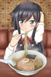 Rule 34 | 10s, 1girl, asashio (kancolle), black hair, blowing, blue eyes, bowl, chopsticks, commentary request, eating, egg, food, hair between eyes, hand in own hair, highres, indoors, kantai collection, long hair, noodles, ramen, red ribbon, ribbon, shirt, solo, tamayan, white shirt