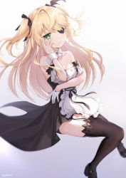 Rule 34 | 1girl, absurdres, alternate costume, apron, bare shoulders, black bow, black dress, black footwear, blonde hair, blurry, bow, bowtie, breasts, brown thighhighs, cleavage, closed mouth, collarbone, commentary request, depth of field, detached sleeves, dress, enmaided, eyepatch, fischl (genshin impact), floating hair, frilled apron, frills, garter straps, genshin impact, gloves, gradient background, green eyes, grey background, hair between eyes, hair bow, hand on own cheek, hand on own face, highres, lace, lace-trimmed legwear, lace trim, long hair, looking at viewer, maid, mary janes, shoes, short sleeves, signature, single glove, small breasts, solo, strapless, strapless dress, thighhighs, two side up, white apron, white background, white bow, white bowtie, white gloves, wrist cuffs, yukiri (l ii)