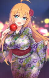 Rule 34 | 1girl, :d, ahoge, alternate costume, blue eyes, blush, breasts, candy apple, commentary, floral print, flower, food, hair between eyes, hair flower, hair ornament, holding, holding food, japanese clothes, kimono, large breasts, long hair, long sleeves, looking at viewer, matsumotoke, obi, open mouth, orange hair, pecorine (princess connect!), princess connect!, purple kimono, red flower, red rose, rose, sash, smile, solo, standing, very long hair, wide sleeves, yukata